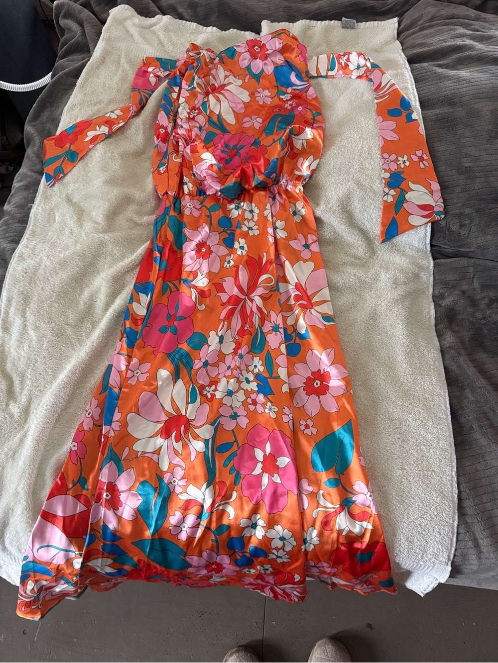 Floral Orange Midi Dress with Pink & Teal Accents